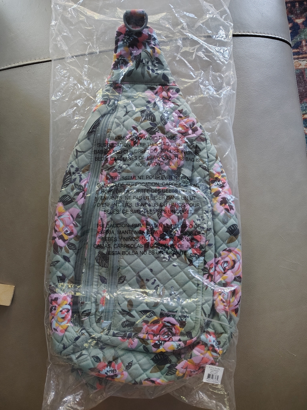 Vera Bradley Quilted Sling Bag - Mint Green with Pink Roses